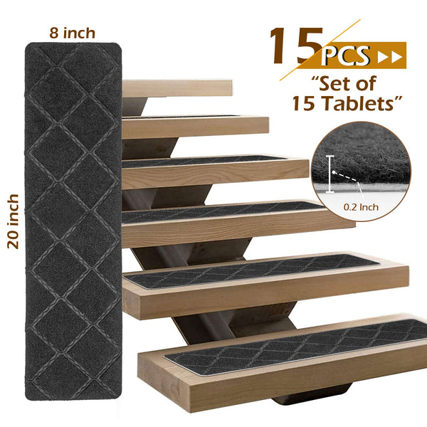Seloom 2021 Upgraded Stair Treads with Slef-Adhesive Non Slip Backing Specialized for Indoor Basement Wooden Steps, Removable Washable Step Rugs Perfect for Elders 25.5 x 9.5 in, 15-Pack, Dark Grey