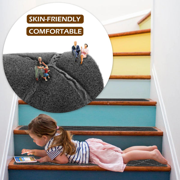 Seloom 2021 Upgraded Stair Treads with Slef-Adhesive Non Slip Backing Specialized for Indoor Basement Wooden Steps, Removable Washable Step Rugs Perfect for Elders 25.5 x 9.5 in, 15-Pack, Dark Grey