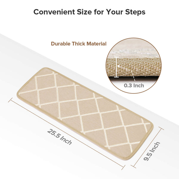 Seloom Non-Slip Washable Stair Treads Carpet Rugs with Skid Resistant Rubber Backing and Modern Moroccan Diamond Trellis Design for Indoor Wooden Steps (13 Pack, Frosted Almond/Beige)