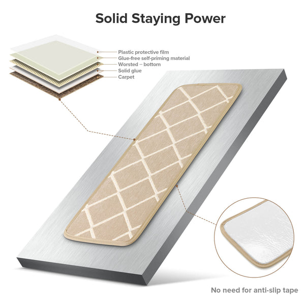 Seloom Non-Slip Washable Stair Treads Carpet Rugs with Skid Resistant Rubber Backing and Modern Moroccan Diamond Trellis Design for Indoor Wooden Steps (13 Pack, Frosted Almond/Beige)