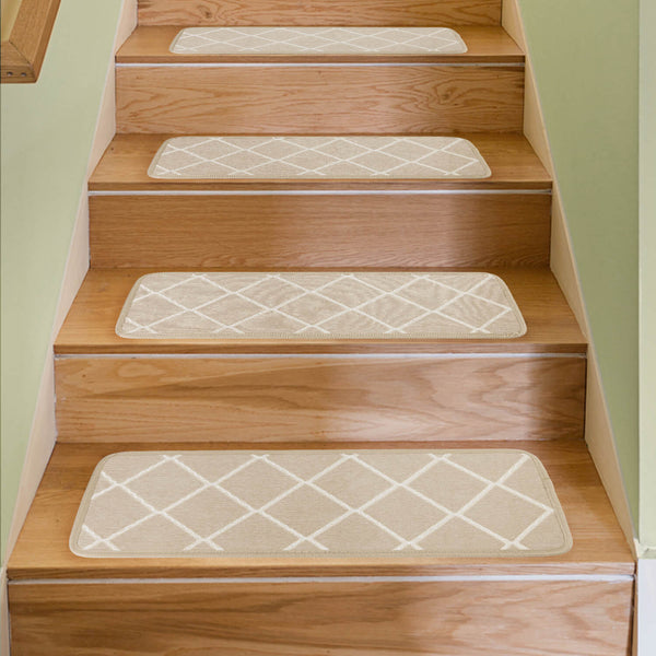 Seloom Non-Slip Washable Stair Treads Carpet Rugs with Skid Resistant Rubber Backing and Modern Moroccan Diamond Trellis Design for Indoor Wooden Steps (13 Pack, Frosted Almond/Beige)