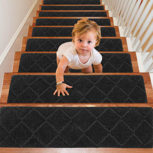 Seloom 9" x 36" Stair Treads for Wooden Steps- Carpet Non-Slip with Non Skid Backing Specialized for Indoor Steps, Removable Washable Step Runners Perfect for Dogs (Black,15-Pack, Rhombus)
