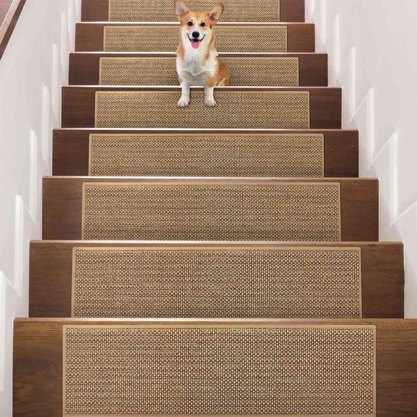 Seloom Linen Non Slip Stair Treads Carpet for Wooden Steps Indoor, Peel and Stick Carpet Stair Tread for Wood Stairs, Machine Washable Stair Runners for Pets, 15 Pack, Beige