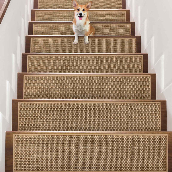 Seloom Linen Non Slip Stair Treads Carpet for Wooden Steps Indoor, Peel and Stick Carpet Stair Tread for Wood Stairs, Machine Washable Stair Runners for Pets, 15 Pack, Beige