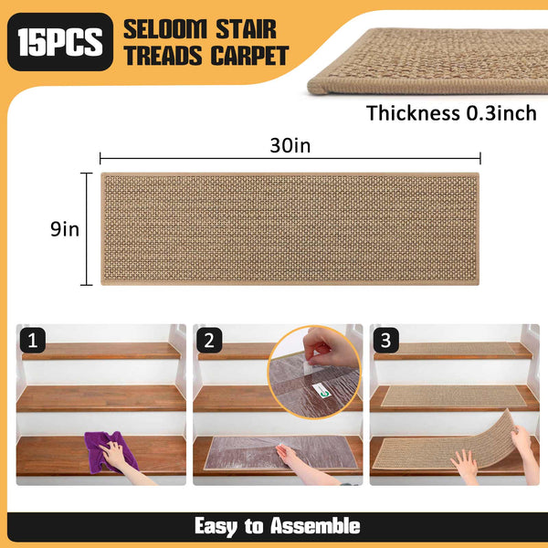 Seloom Linen Non Slip Stair Treads Carpet for Wooden Steps Indoor, Peel and Stick Carpet Stair Tread for Wood Stairs, Machine Washable Stair Runners for Pets, 15 Pack, Beige