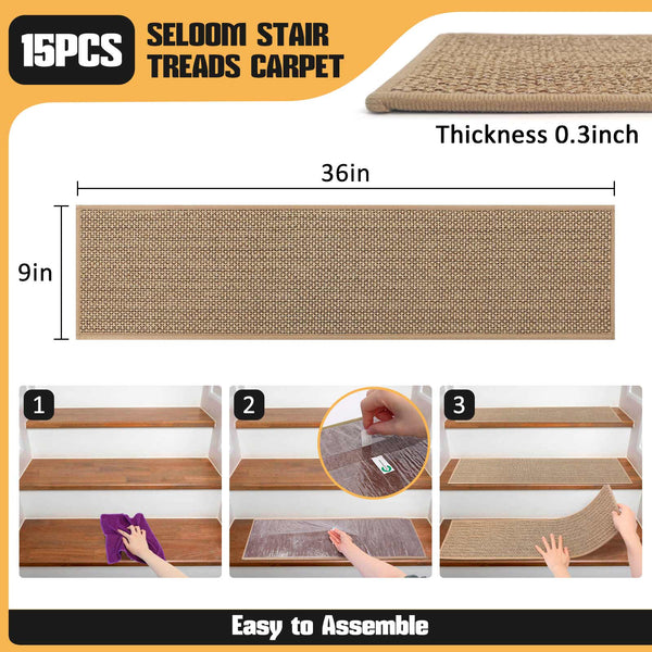 Seloom Linen Non Slip Stair Treads Carpet for Wooden Steps Indoor, Peel and Stick Carpet Stair Tread for Wood Stairs, Machine Washable Stair Runners for Pets, 15 Pack, Beige