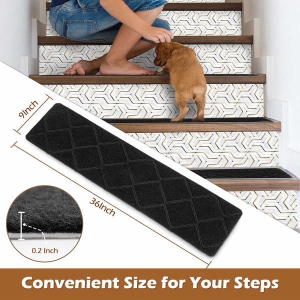 Seloom 9" x 36" Stair Treads for Wooden Steps- Carpet Non-Slip with Non Skid Backing Specialized for Indoor Steps, Removable Washable Step Runners Perfect for Dogs (Black,15-Pack, Rhombus)