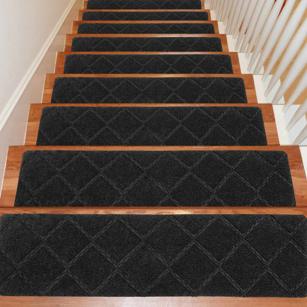 Seloom 9" x 36" Stair Treads for Wooden Steps- Carpet Non-Slip with Non Skid Backing Specialized for Indoor Steps, Removable Washable Step Runners Perfect for Dogs (Black,15-Pack, Rhombus)