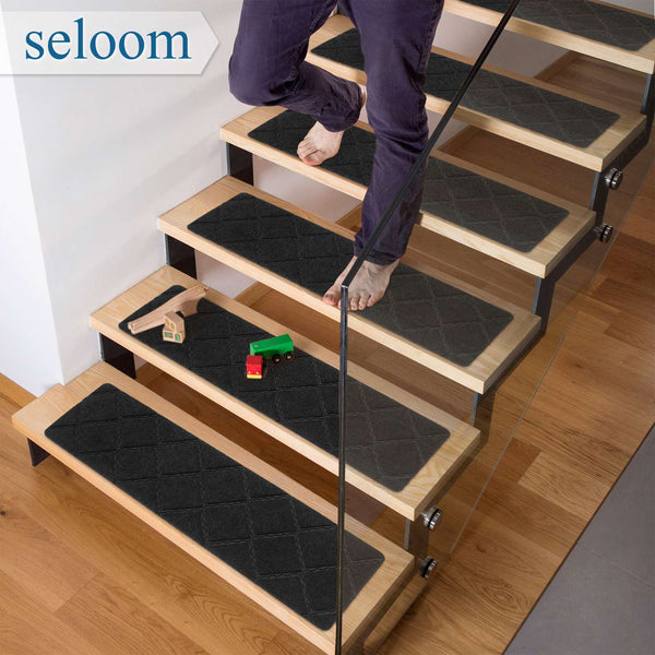 Seloom 9" x 36" Stair Treads for Wooden Steps- Carpet Non-Slip with Non Skid Backing Specialized for Indoor Steps, Removable Washable Step Runners Perfect for Dogs (Black,15-Pack, Rhombus)