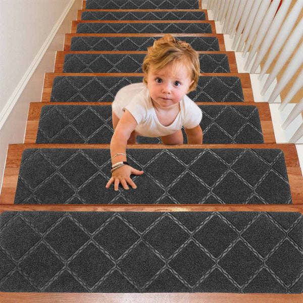 Seloom 2021 Upgraded Stair Treads with Slef-Adhesive Non Slip Backing Specialized for Indoor Basement Wooden Steps, Removable Washable Step Rugs Perfect for Elders 25.5 x 9.5 in, 15-Pack, Dark Grey