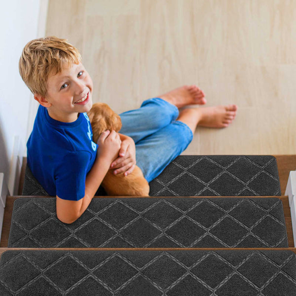 Seloom 2021 Upgraded Stair Treads with Slef-Adhesive Non Slip Backing Specialized for Indoor Basement Wooden Steps, Removable Washable Step Rugs Perfect for Elders 25.5 x 9.5 in, 15-Pack, Dark Grey