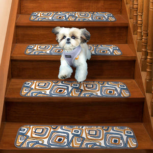 Seloom Non-Slip Stair Treads Carpet, Anti Moving Safety Rug Cover with Unique Abstract Design for Dogs,Elders and Kids 8" X 30" (Blue and Brown, Set of 13)
