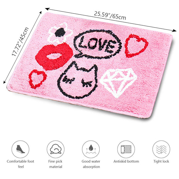 Seloom Washable Love Bath Rugs with Non Slip Backing, Bath Mat Perfect for Bathroom Floor, Sink and Shower (16"×24" Pink)