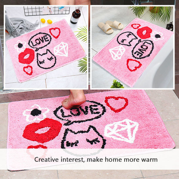 Seloom Washable Love Bath Rugs with Non Slip Backing, Bath Mat Perfect for Bathroom Floor, Sink and Shower (16"×24" Pink)