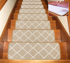 Seloom Stair Treads Carpet Non Slip Indoor  Stair Treads Rug/Covers/Mats (1 Piece 24x36Inch+13 piece 25.5x9.5Inch), Beige(Grid))