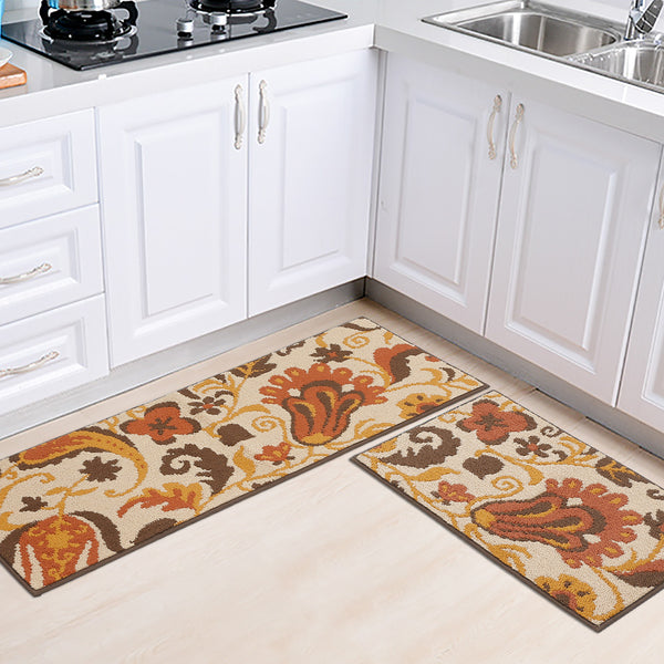 Seloom Durable Kitchen Rug Runners with Non-Slip Rubber Backing and Unique Flower Design, Perfect for Kitchen Floor (Set of 2, 18×27+18×47 Inch)