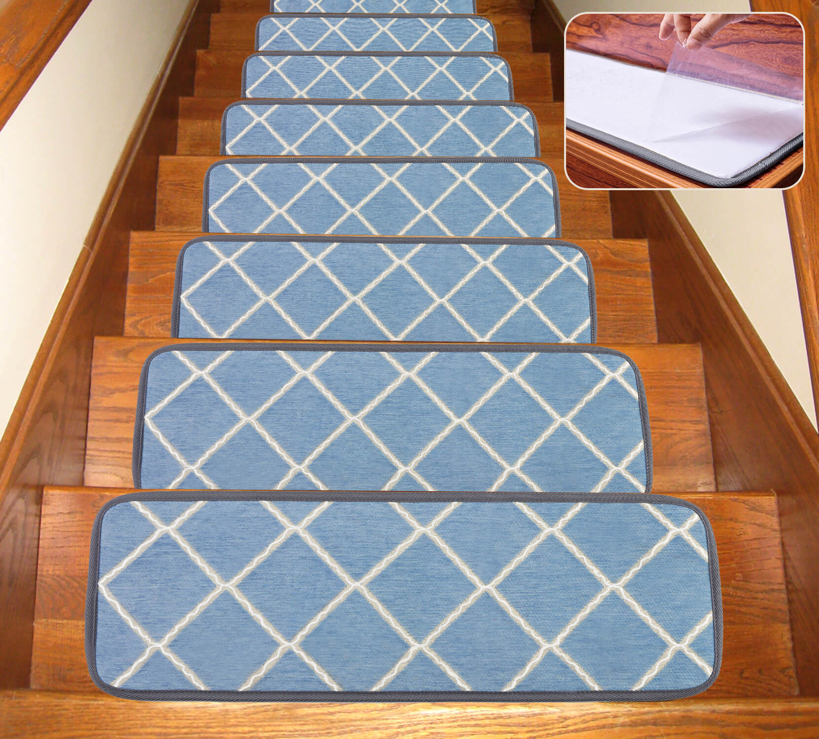 Seloom Blue Non-Slip Stair Treads Carpet with Skid Resistant Rubber Backing and Modern Moroccan Diamond Trellis Design for Indoor Wooden Steps (25.5x9.5 Inch, 13Piece, Dusk Blue)