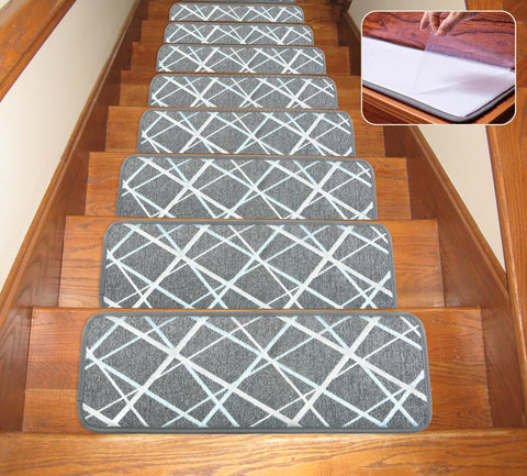 Seloom Non-Slip Washable Stair Treads Carpet with Skid Resistant Rubber Backing Specialized for Indoor Wooden Steps (Set of 13) , 25.5"×9.5", Grey
