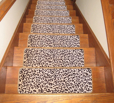 Seloom Stair Treads Carpet Non-Slip with Skid Resistant Rubber Backing Specialized for Indoor Wood Steps, Removable Washable Step Floor Rugs for Stairs (25.5x9.5 Inch, 15 Pieces, Leopard)
