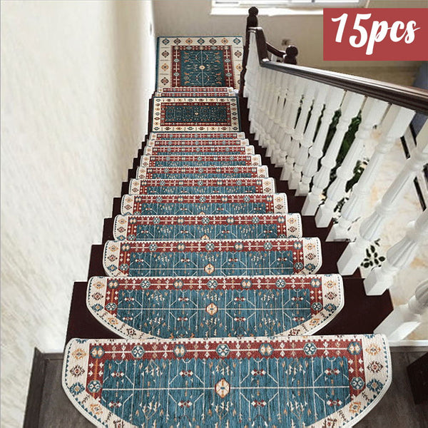 Seloom Bullnose Washable Non-Slip Stair Treads Carpet with Skid Resistant Rubber Backing Specialized for Indoor Wooden Steps (25.2x9.5 Inch, 15 Pieces+1 piece 36x36Inch）, Blue)