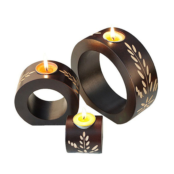 Seloom Jpanese Style Wooden Circle Christmas Candle Holder Set of 3, Home Decorative Candlesticks, Unique Candle Stand for Fireplace, Living or Dining Room Table
