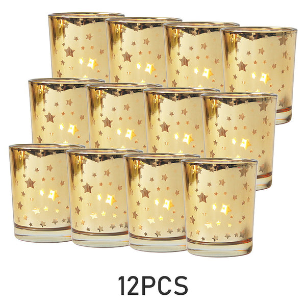 Seloom Gold Star Votive Candle Holder Set of 12, Mercury Bulk Glass Tealight Candle Stands, Perfect for Wedding, Parties, and Home Decor-Tea Light Candles not Included