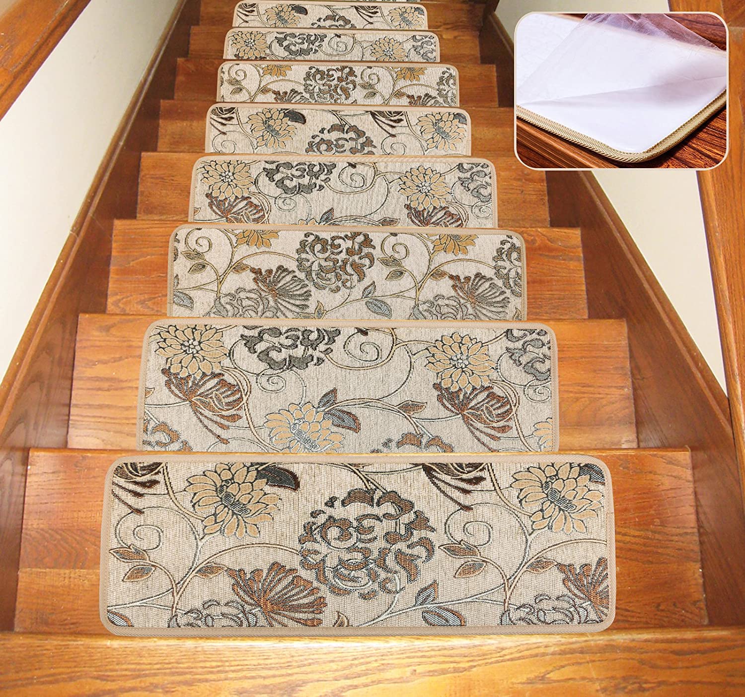 Seloom Washable Non-Slip Stair Treads Carpet with Skid Resistant Rubber Backing Specialized for Indoor Wooden Steps (30x9.5 Inch+24x36 Inch, 14Pieces, Beige（Flower）)
