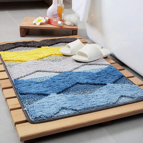 Seloom Washable Soft Cute Bath Rugs with Non Slip Backing, Bath Mat Perfect for Bathroom Floor, Sink and Shower (35"×24" Blue and Yellow)