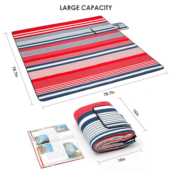 Seloom Extra Large Picnic & Outdoor Beach Blanket with Water-Resistant Backing, Red and White Striped Mat, Padded Blanket, for Camping, Beach, Grass in Spring/Summer/Fall. 78.7" x 78.7"