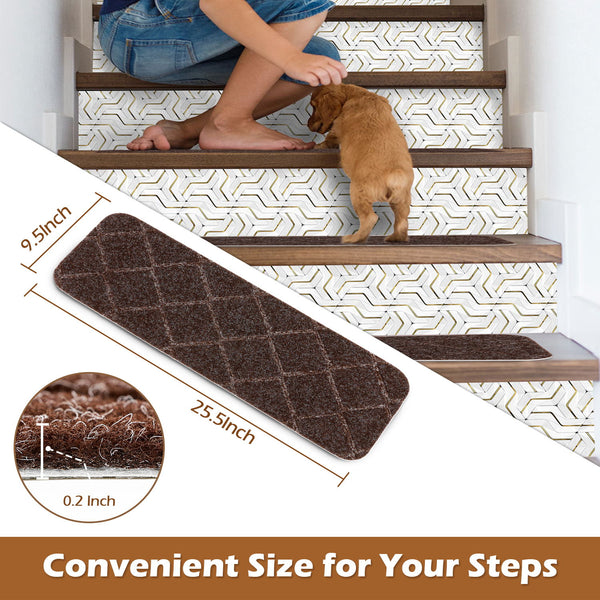 Seloom Stair Treads Carpet Non-Slip with Non Skid Rubber Backing Specialized for Indoor Wooden Steps, Washable Step Rugs Perfect for Dogs(Brown, 15-Pack, 25.5"×9.5")