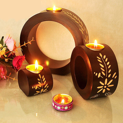 Seloom Jpanese Style Wooden Circle Christmas Candle Holder Set of 3, Home Decorative Candlesticks, Unique Candle Stand for Fireplace, Living or Dining Room Table
