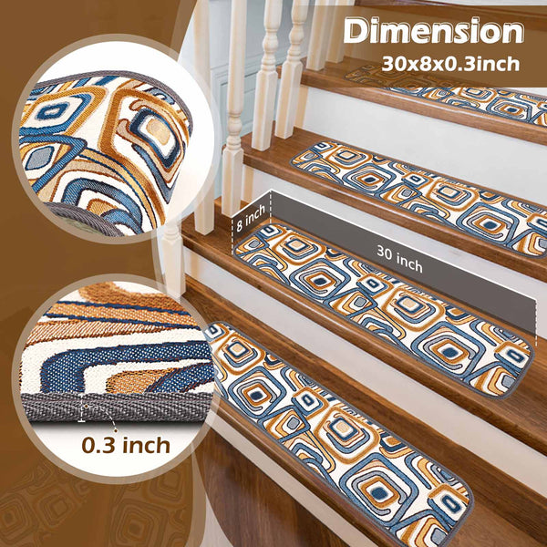 Seloom Non-Slip Stair Treads Carpet, Anti Moving Safety Rug Cover with Unique Abstract Design for Dogs,Elders and Kids 8" X 30" (Blue and Brown, Set of 13)