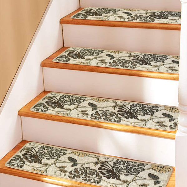 Seloom Washable Non-Slip Stair Treads Carpet with Skid Resistant Rubber Backing Specialized for Indoor Wooden Steps (30x9.5 Inch+24x36 Inch, 14Pieces, Beige（Flower）)