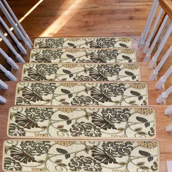 Seloom Indoor Non-Slip Stair Treads Carpet with Skid Resistant Rubber Backing, Specialized for Wooden Steps,Beige, 15PCS