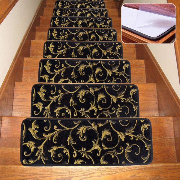 Seloom Stair Treads Carpet Indoor Non Slip Blended Jacquard Skid Resistant Stair Tread Rugs Set of 13 ,36×9 Inch,Black